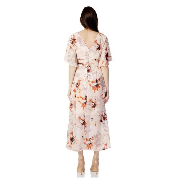 Vila Clothes Floral Print Maxi Dress VNeck Short Sleeves Women Pink Dresses - Picture 2 of 2